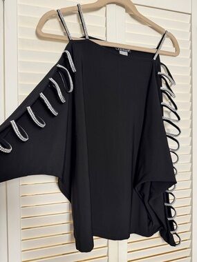 VENUS Black Long Sleeve Cold-Shoulder top with Rhinestone Loop Trim